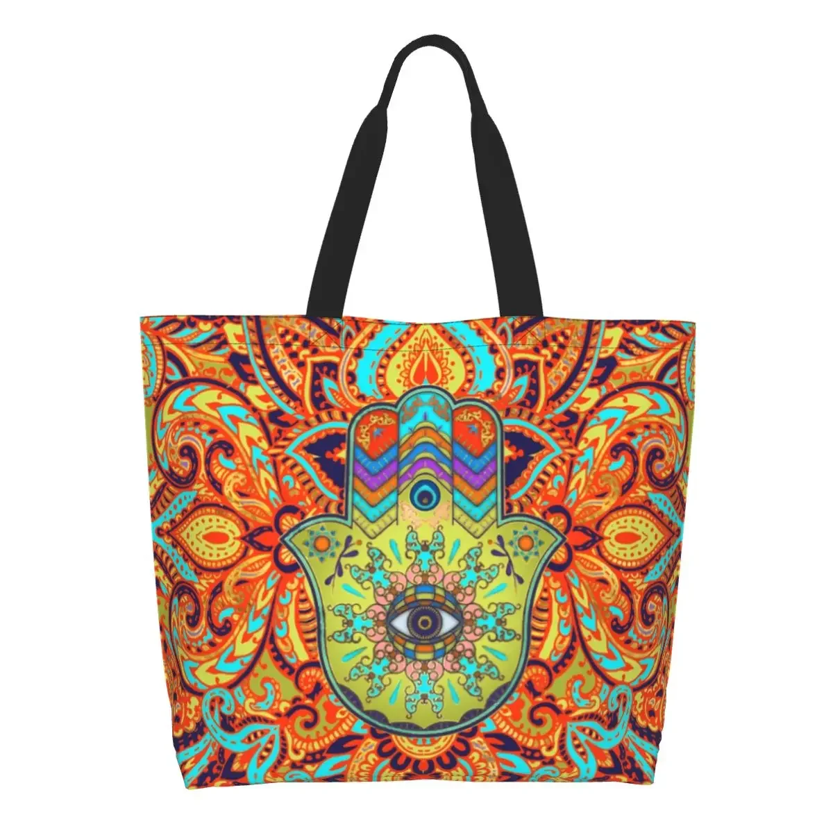 Colorfull Hamsa Hand Groceries Tote Shopping Bag Fashion Hand Of Fatima Canvas Shopper Shoulder Bags Large Capacity Handbag