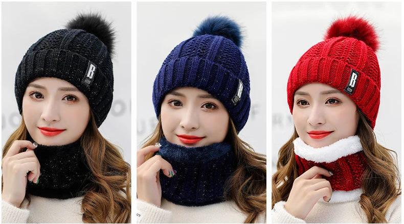 New fashion warm woolen hat for women hot autumn and winter Thermal cap for girl beanies fur pompom patchwork cable woolen hat