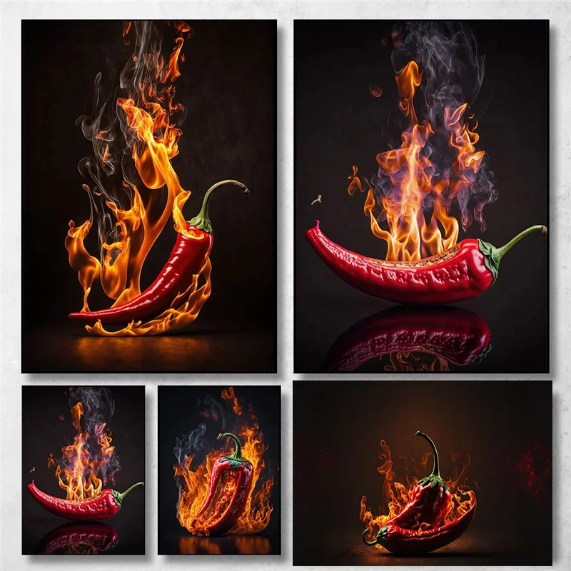 Póster Artístico Vintage para decoración del hogar, pintura en lienzo, impresiones de pared, imagen para cocina, verduras, pimienta roja, Fondo de fuego