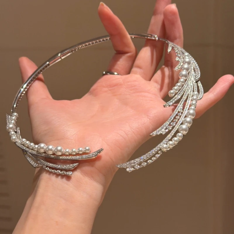 Bellux Unique Design Original Torques 925 Silver Synthetic Full Diamond Pearl Feather Necklace Earrings Fine Jewelry Set