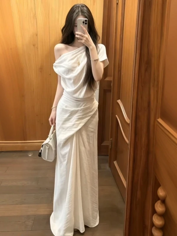 

Slimming High Waist Short Sleeve Women's Set Summer New Fashion Half Skirt Elegant Loose Shoulder Bridesmaid Outfits