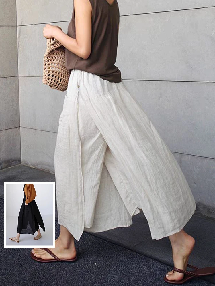 

Повседневные хлопковые и льняные широкие брюки с высокой талией, летние брюки для отдыха, однотонные женские интегрированные девять брюк большого размера...