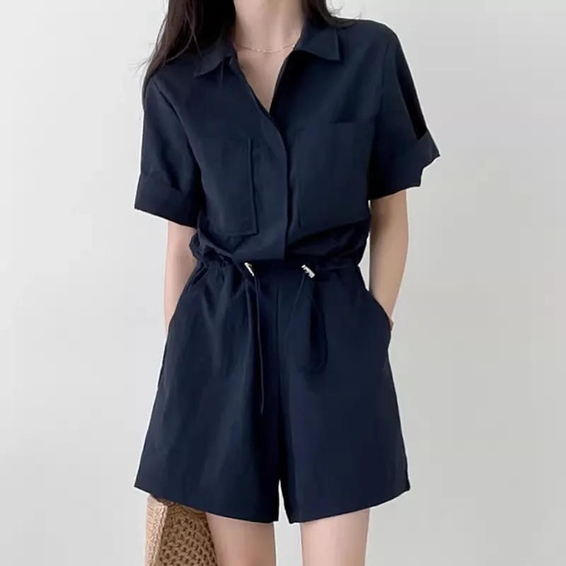 

Гонконгский синий женский комбинезон orts, лето 2025, новый комплект повседневных брюк с высокой талией и широкими штанинами, модный и аттра...