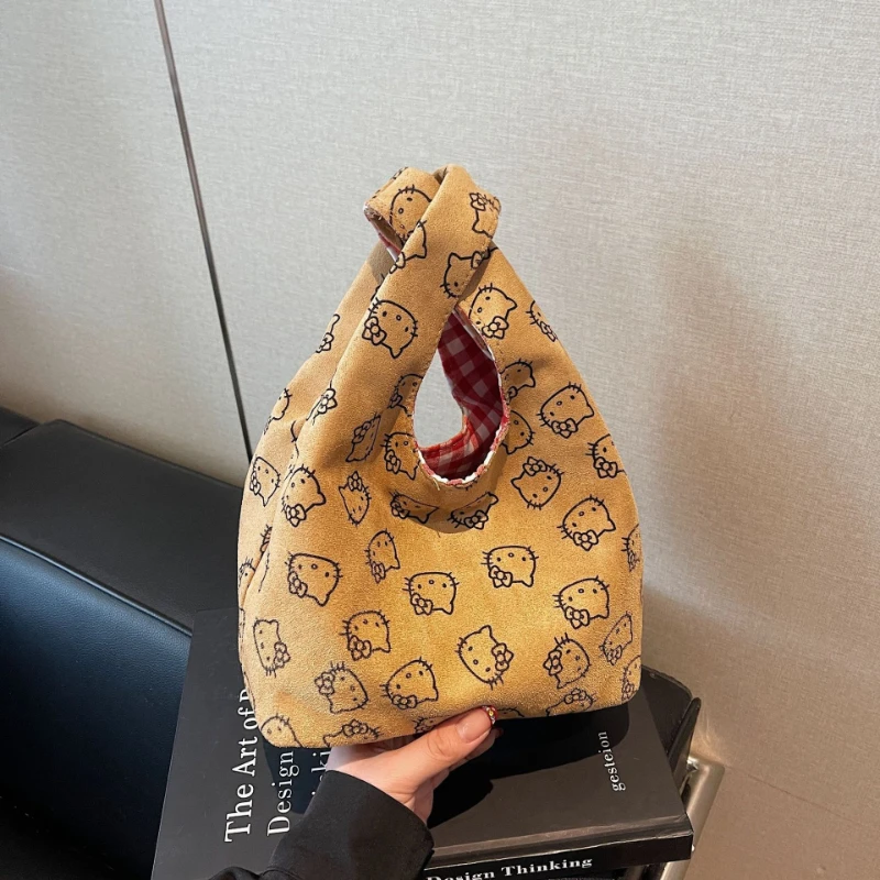

New Cute Suede Retro Brown Handbag Portable Mini Basket Handbag Hello Kitty Women's shoulder bag Embroidered shoulder handbag