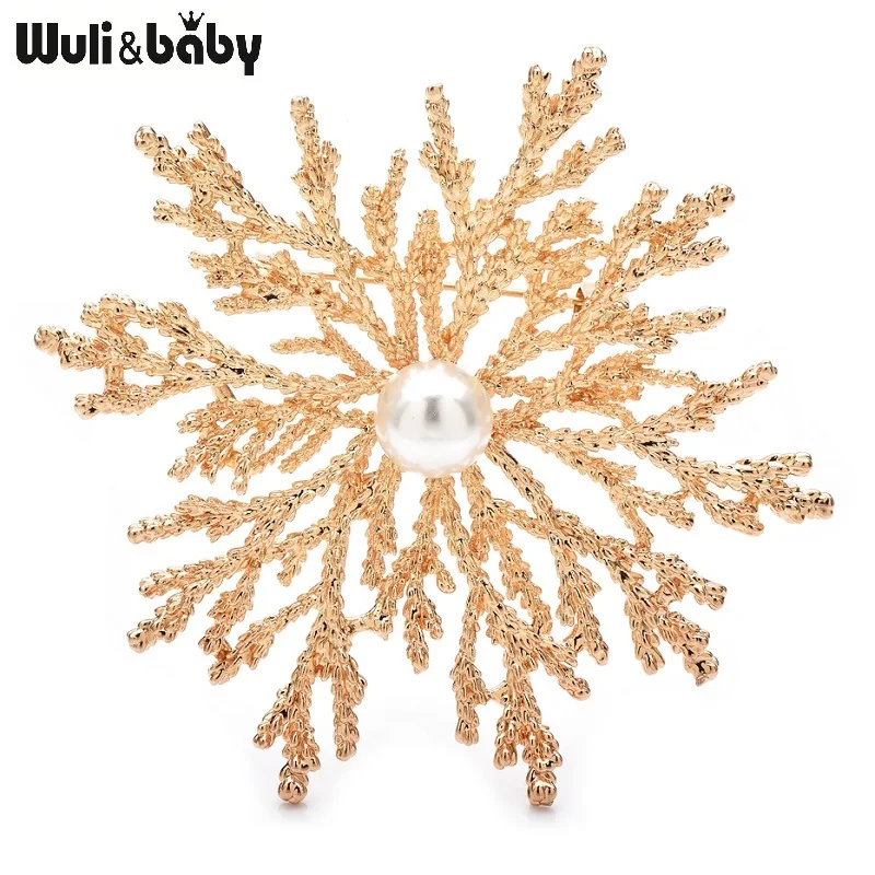 Wuli&baby Pearl Alloy Snowflake Brooches For Women Unisex 2-color Winter Christmas New Year Brooch Pins Gifts