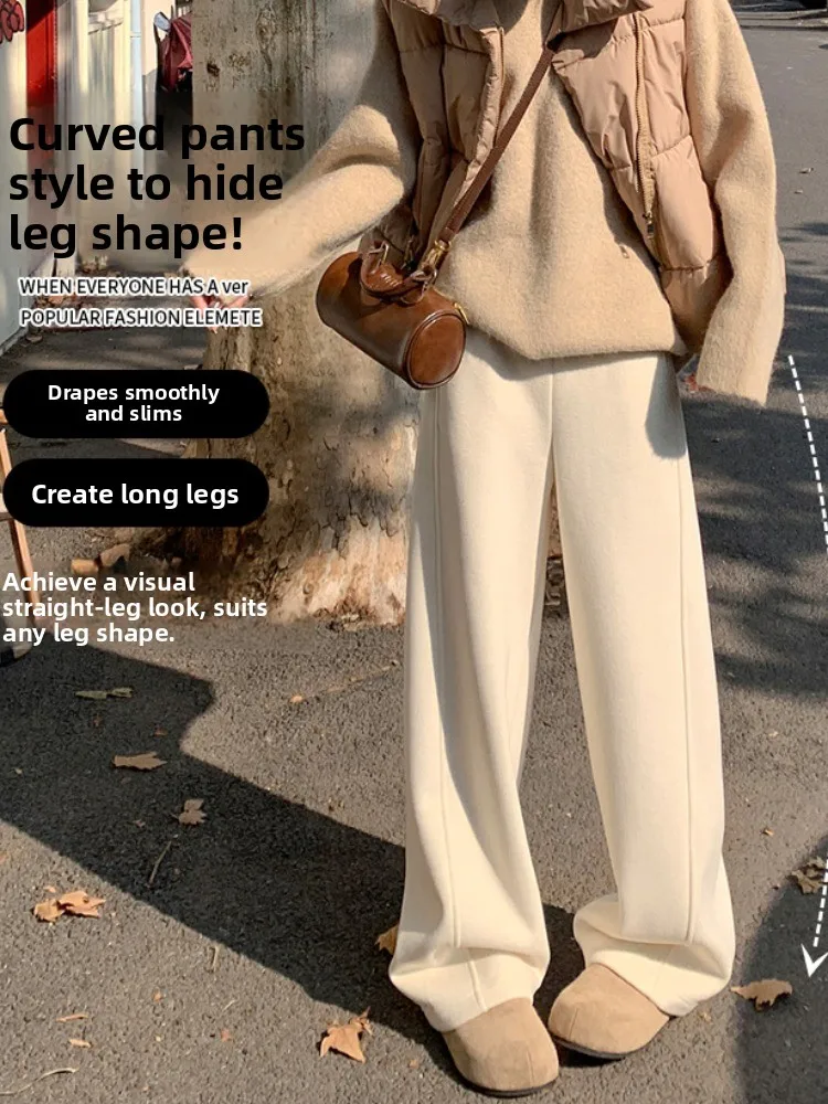 Pantaloni a gamba larga drappeggiati Camere in acetato bianco Donna Inverno Nuovi pantaloni con noodle di riso casual a vita alta Thiened Fce