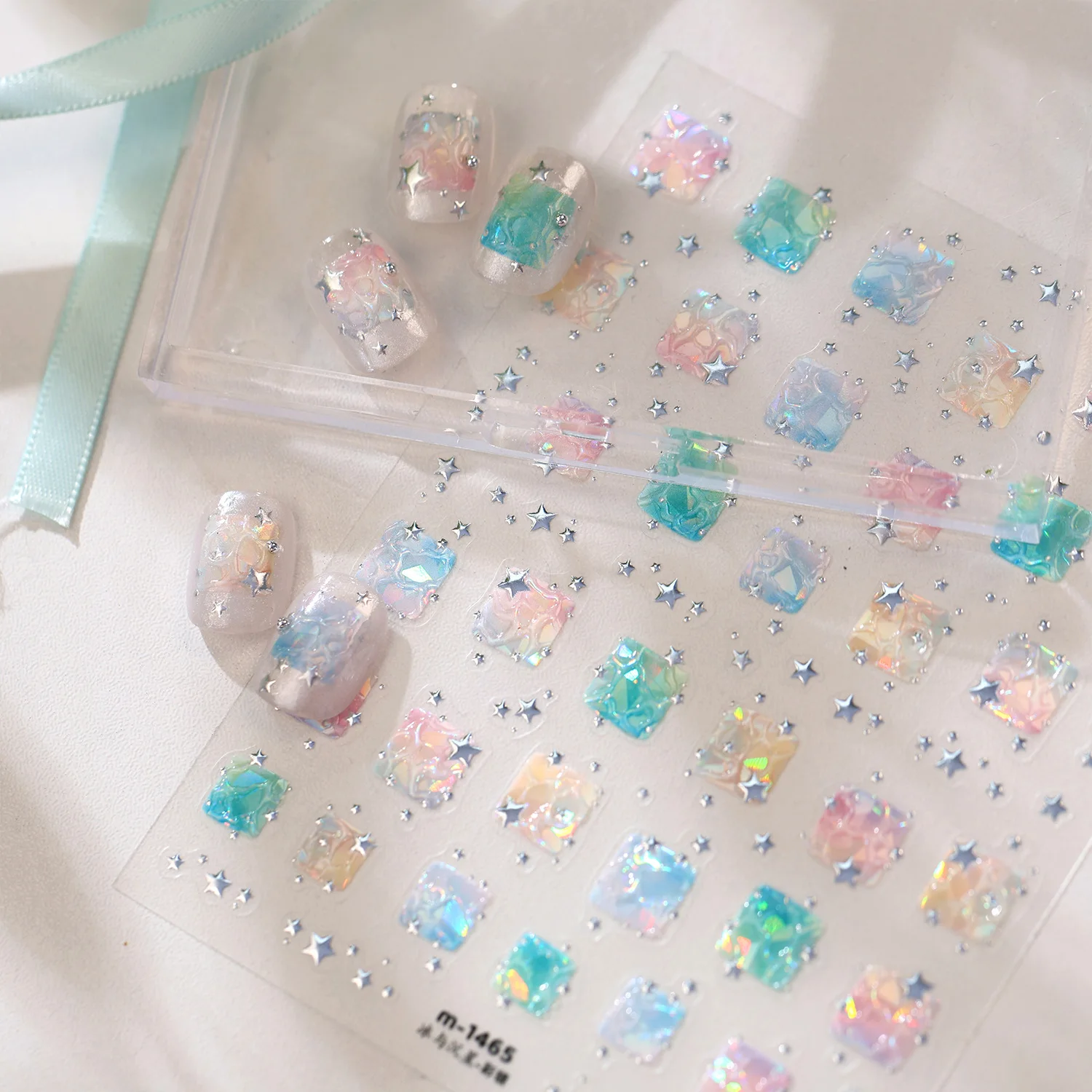 1pc Candy Jelly 5D Nail Art Stickers Iridescent Gradient Square Silver Glitter Star Self Adhesive Nail Art Decal Sweet Art Decor