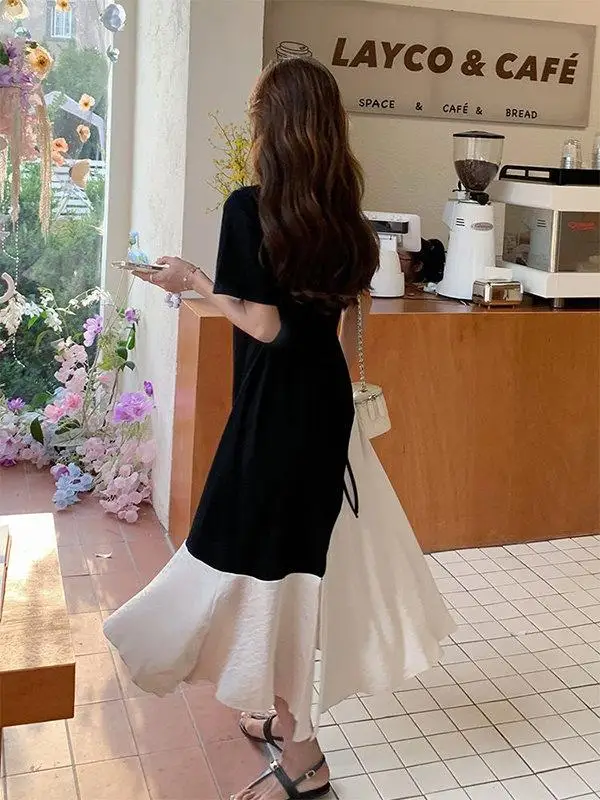 plus Size Summer Casual Short Sleeve Dress Color Block Irregular Loose Fit Women's Long Dress Slimming Effect A-Line Skirt