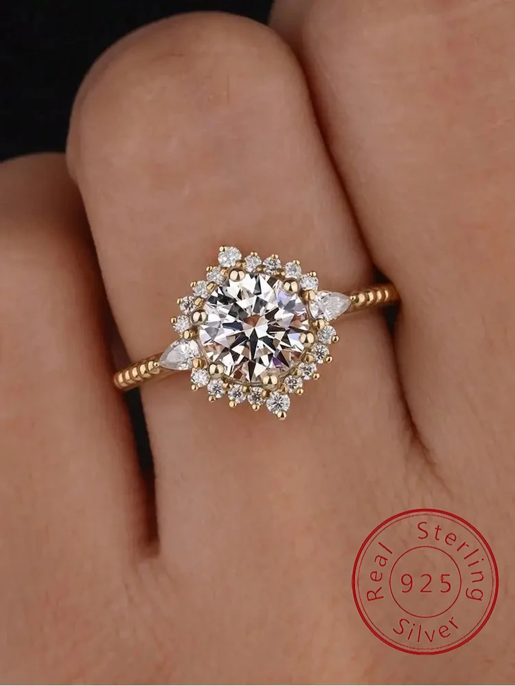 

925 Sterling Silver Luxury Golden Flower Shaped Zircon Ring For Women Engagement Wedding Anniversary Fashion Fine Jewelry