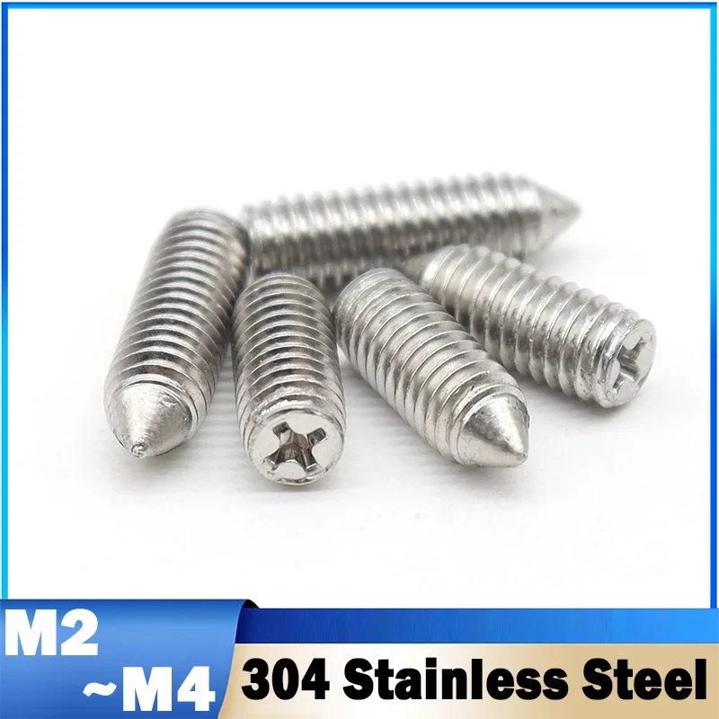 20Pcs M2 M2.5 M3 M4 304 Stainless Steel Phillips Cone Point Set Screws Cross Cone End Headless Bolt Locking Machine Screw