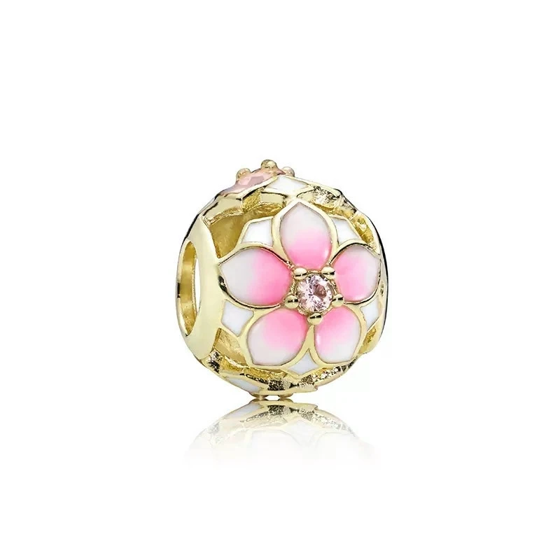 Plated Gold Sparkling Herbarium Cluster & Pink Daisy Flower Charm Bead Fit Original 925 Sterling Silver Pandora Bracelet Jewelry