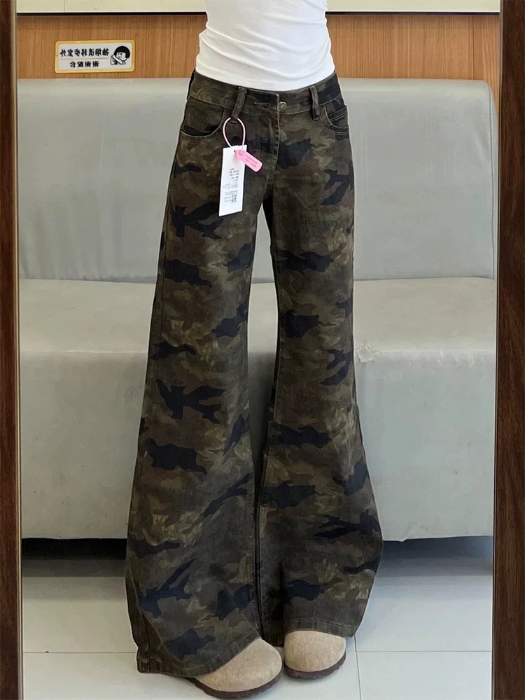 Y2K Low Rise Pants Women Camouflage Denim Micro Flare Retro Skinny Fit Non Stick Leg Bellbottom Summer Jeans