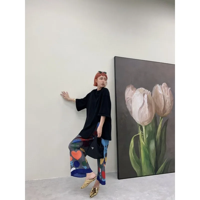 

Summer Women's Wear Cropped Trousers Straight-leg Wide-leg Trousers Printed Pleated Graffiti-style Slimming Casual Comfortable