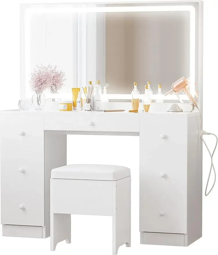 Vanity Desk Set with LED Lighted Mirror & Power Outlet, 7 Drawers Makeup Vanities Dressing Table