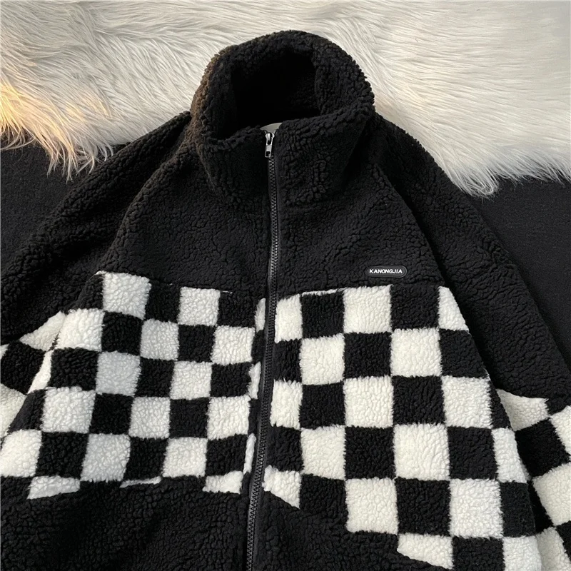 Couple loose standup collar cotton jacket checkerboard checkered lamb wool men\'s jacket