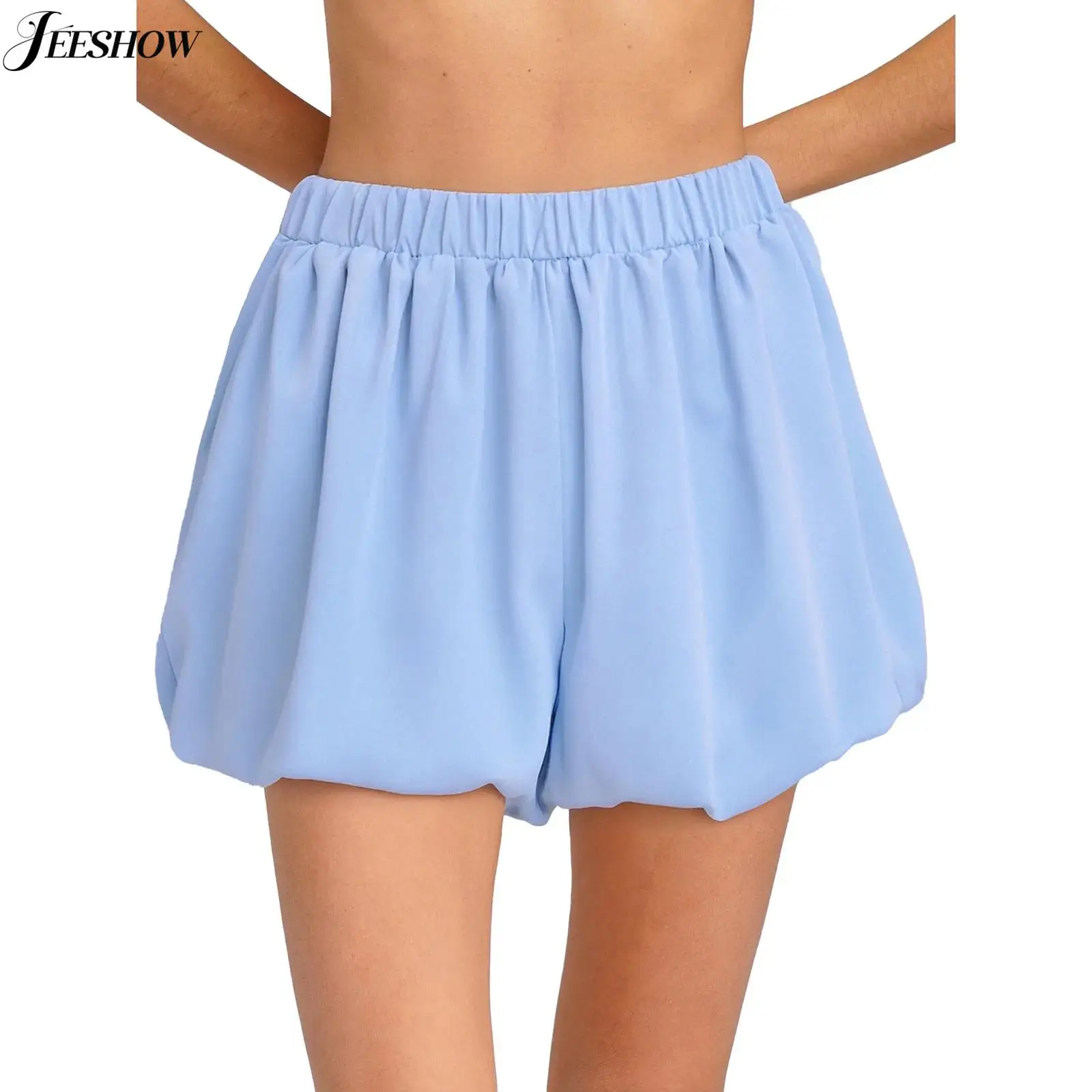 Womens Puffy Bubble Shorts 솔리드 컬러 신축성있는 허리 밴드 블루머 반바지 사이드 포켓 패션 캐주얼 미니 반바지 Culotte