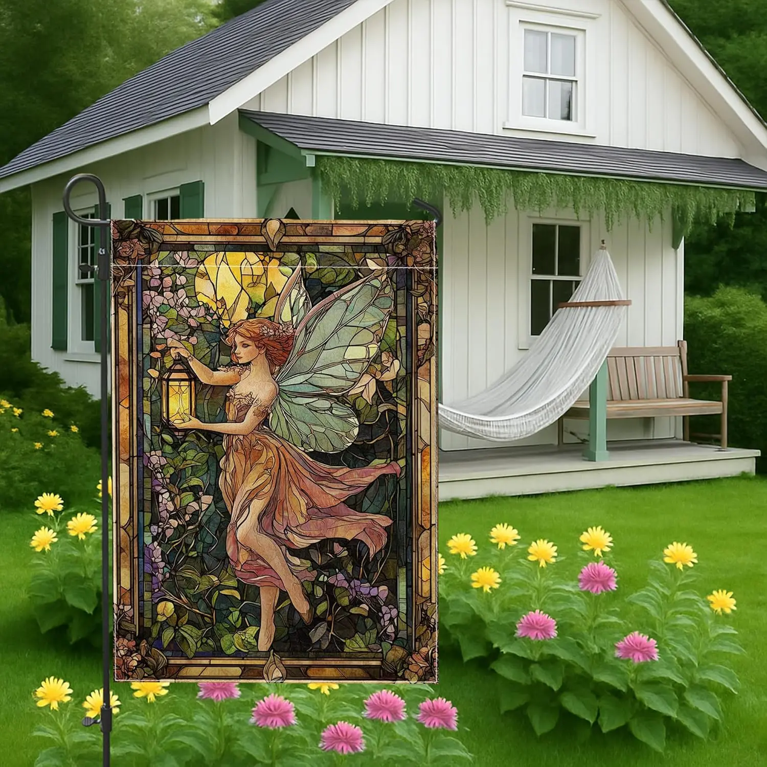 Spring Summer Stained Glass Fairy Garden Flag, Multicolor Nature Art Butterfly Landscape Outdoor Decor Banner, Double Sided  LLE
