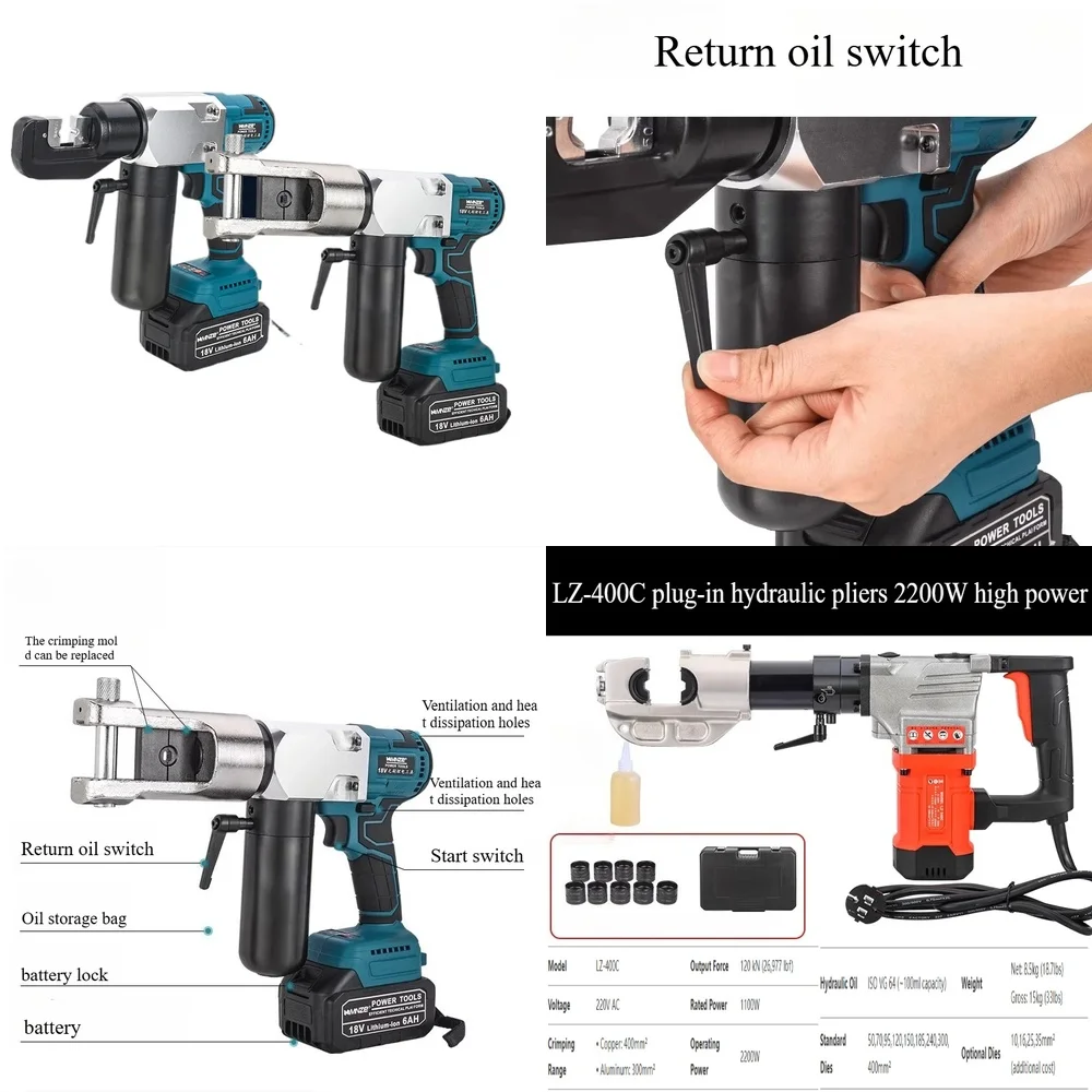 60KN 18V Cordless Hydraulic Crimping Tool for Cable Crimping Pliers with 2.5Ah Battery Quick Charger for Electrical Wiring