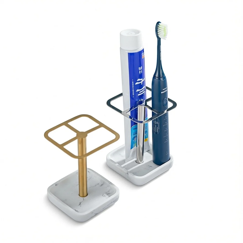 Gold Silver 304 Stainless Steel Toothbrush Stand Veined Stone Texture Base Rustproof Bathroom Countertop Organizer Home Decor