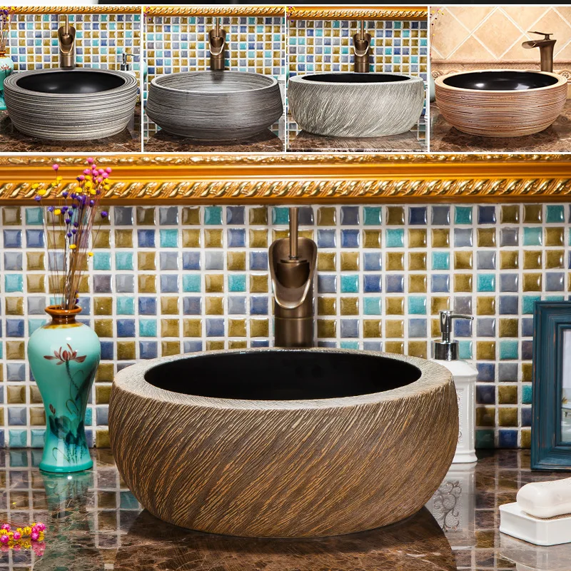 

Engineering Wholesale Jingdezhen Ceramic Art Basin Table Basin Chinese Retro Washstand Basin Wood Grain