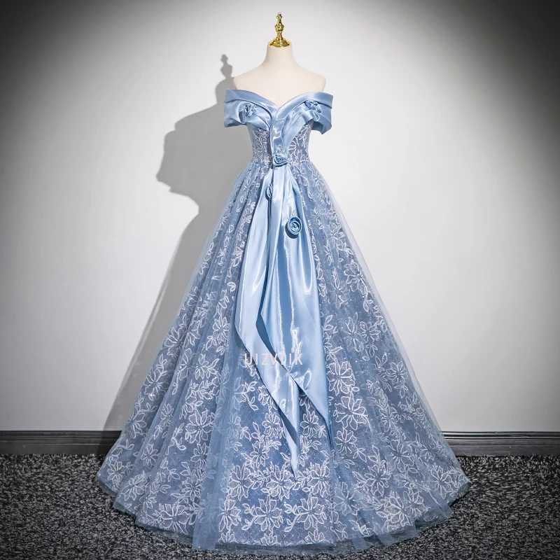 ブルーウエディングイブニングパーティードレス女性オフショルダーアップリケゲストウェディングドレス豪華なカスタマイズされたフォーマルな機会のドレス
