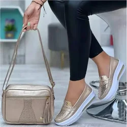 43 zapatos planos casuales de mujer 2024 moda punta redonda zapatillas de plataforma de cuña baja comodidad mocasines antideslizantes para mujer