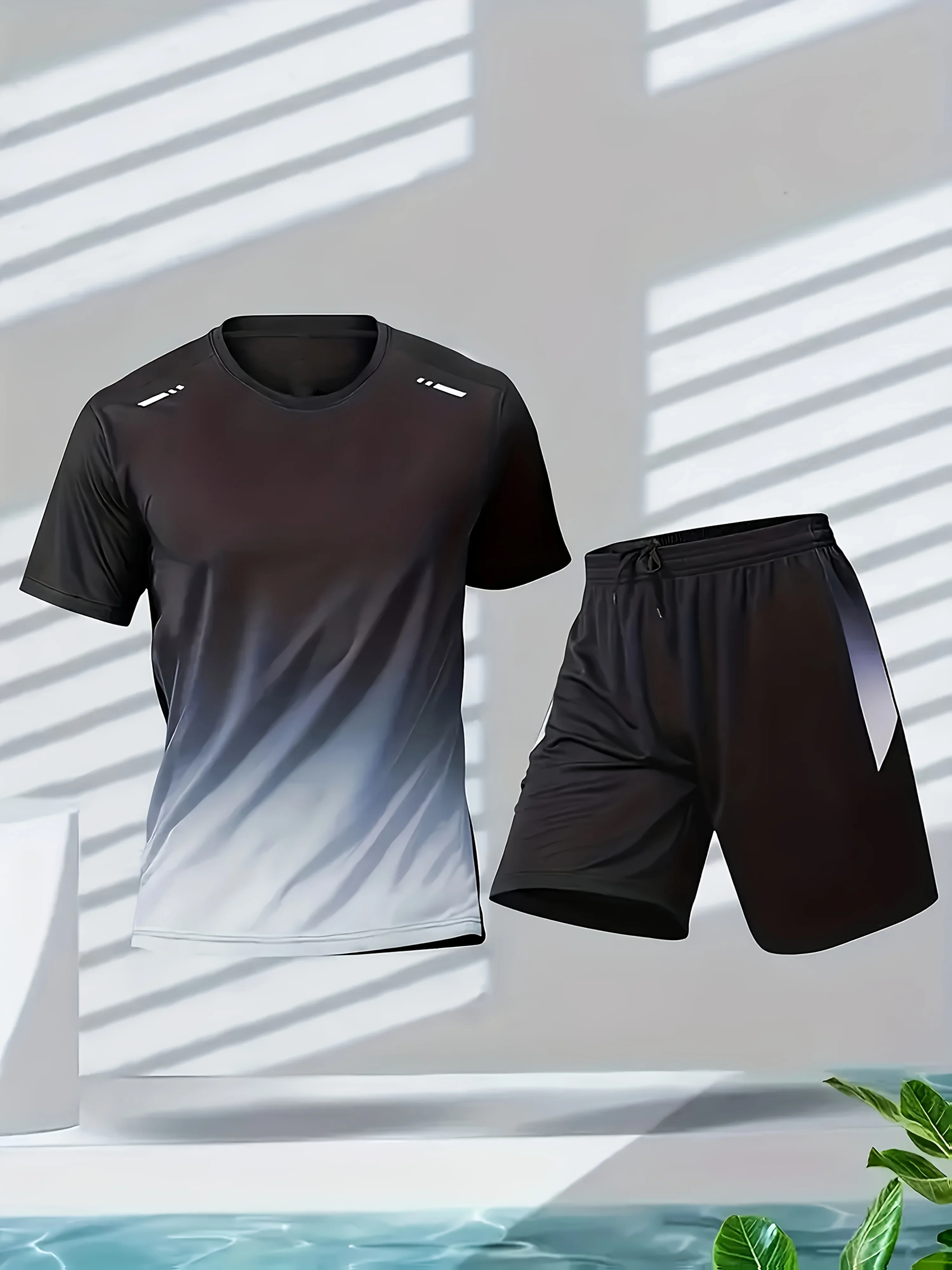 Men's sportswear, ice silk short sleeves and shorts running clothes, men's table tennis and badminton wear gradient T-shirt