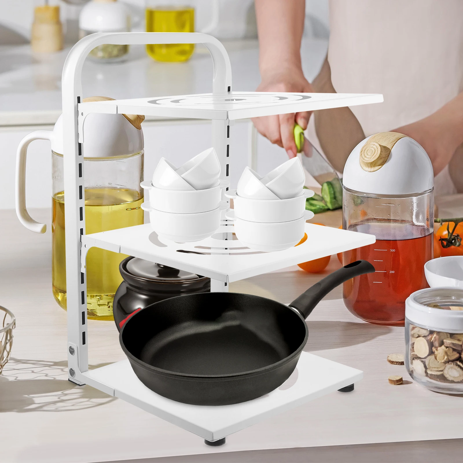 

Adjustable Multi-Tier Pot Organizer Rack Kitchen Countertop Heavy Duty Carbon Steel Pan Rack Multipurpose Kitchen Supply