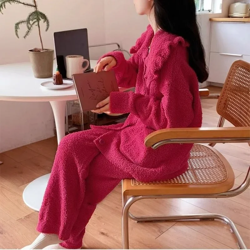 Pijama versión coreana para mujer, dulce y lindo, princesa rosa roja, año Natal, cárdigan, ropa de estar por casa, medio forro polar, Coral, Invierno