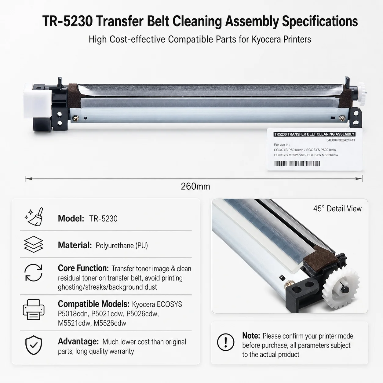 1/2X TR-5230 302R793070 Compatible For Kyocera ECOSYS P5018 P5021 P5026 M5521 M5526 Printer TR5230 Transfer Belt Cleaning Blade