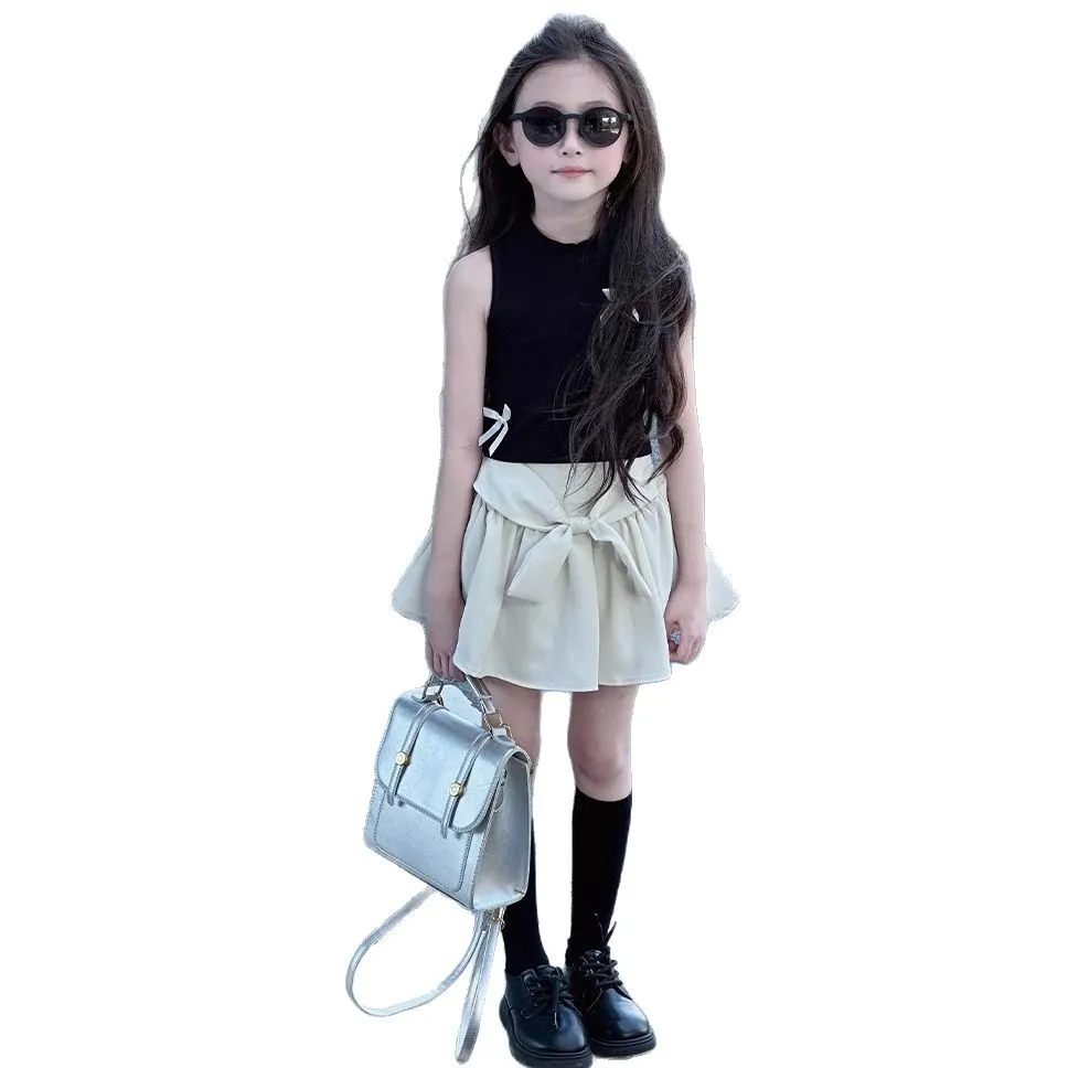 2026 summer Girls set Clothes teenager bow crop top t-shirt vest sleeveless + pleated mini skirt 4 7 8 10 11 12 year tracksuit