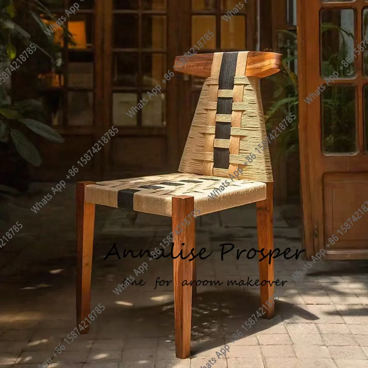 

J Medieval Style Rope Weaving Dining Chair Designer Retro Log Back Chair French Cafe Rattan Special-shaped Single Chair