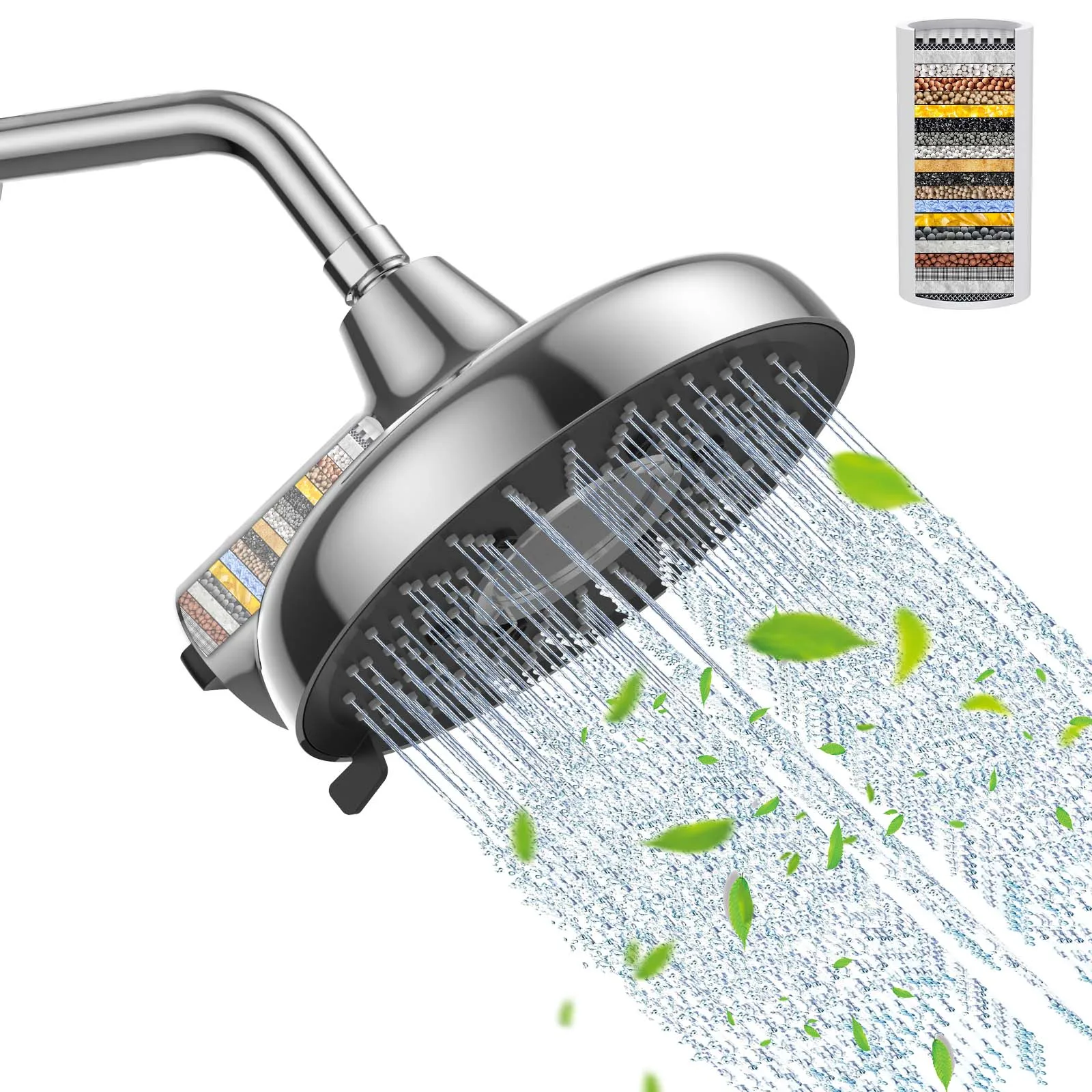 20-Stage High Pressure Shower Head Filter Combo – 5 Spray Settings – 3 Replaceable Cartridges – Removes Chlorine, Heavy Metals – Water Softener – Polished Chrome