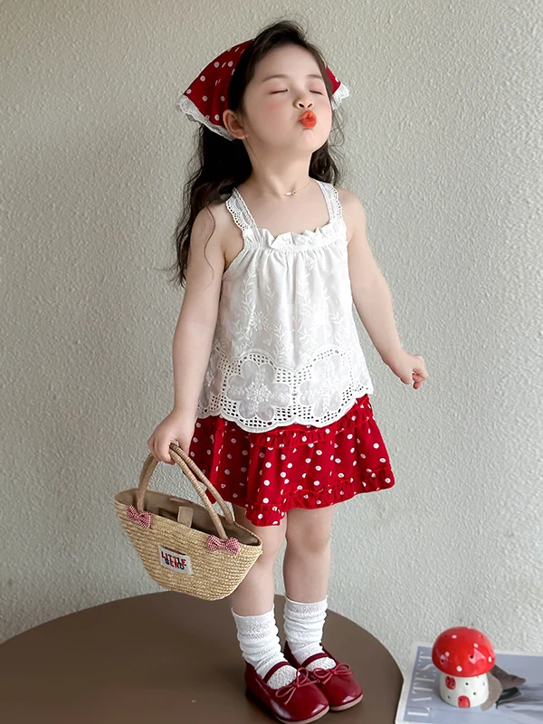 Summer Faionable Girls Small Red Hat Musoom Piing Cute Girl Embroidered Hooked Flower Polka Dot Skirt Pants Tee Piece...