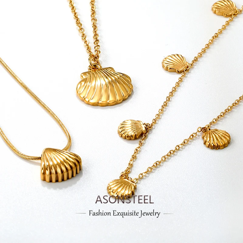 ASONSTEEL Fashion Shell Charms Chain Pendant Necklace 18K Gold Plated Stainless Steel For Women Accessories Jewelry Waterproof