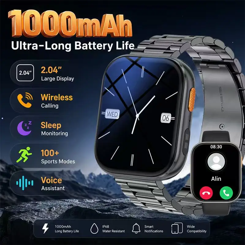 2026 neue Outdoor-Sport-Smartwatch, 2,04 Zoll hochauflösendes großes Display, 1000mAh großer Akku, extrem lange Akkulaufzeit, Weihnachtsgeschenk