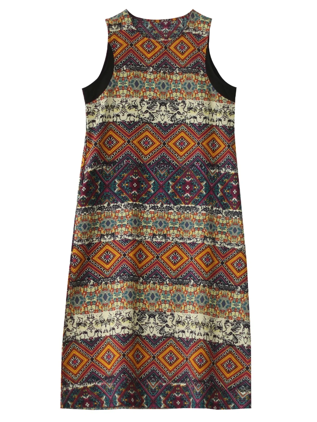 เสื้อกั๊กลายดอกย้อนยุค กระโปรงทรงเอเอวหลวมความยาวปานกลาง สไตล์วินเทจ สำหรับผู้หญิง ฤดูร้อน คอกลม