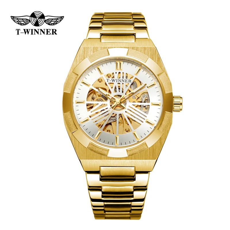 T-winner Men Automatic Mechanical Watches Male Luxury Sainless Steel Strap Hand Clock Skeleton Design Waterproof WristWatch