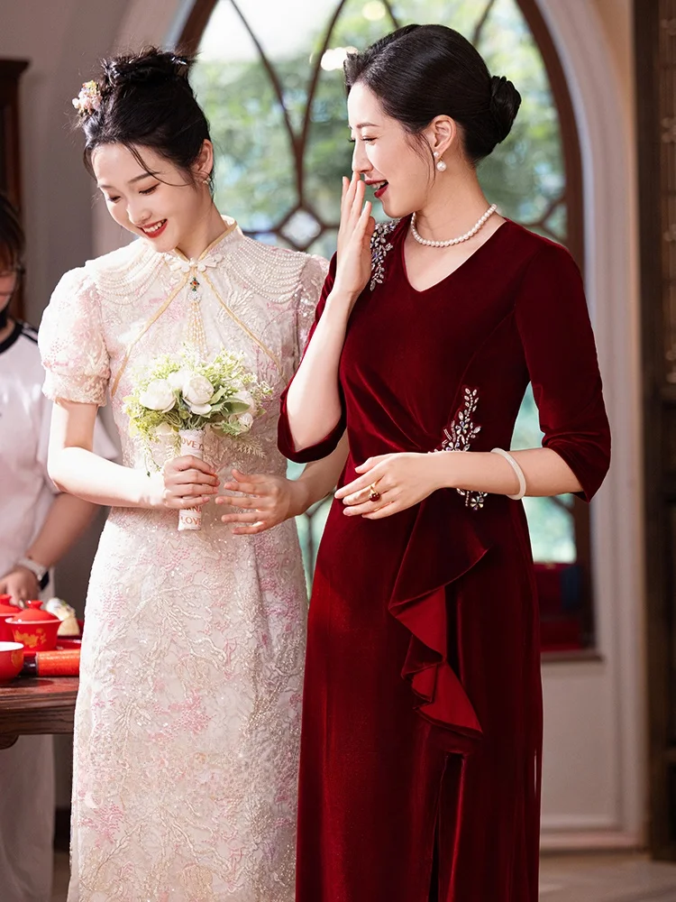 

Ele Velvet Qipao Dr Mom's Wedding Dr Slimming Autumn New Sle Retro ort Sve Low Slit Wedding Banquet Clothes