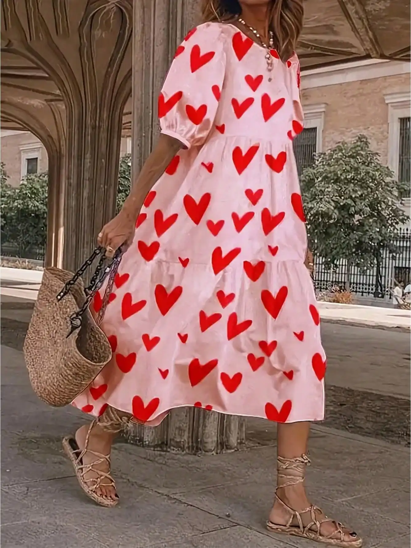 

Pink Heart Print Puff Sleeve Ruffle Hem Babydoll Maxi Dress for Summer