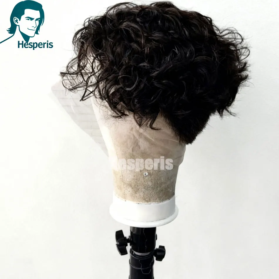 ヘスペリス フルレース ショートカール人毛メンズウィッグ グルーレス フリーパート シェービングカット レースウィッグ 男性用 ファッション ハンサムな男性用ウィッグ