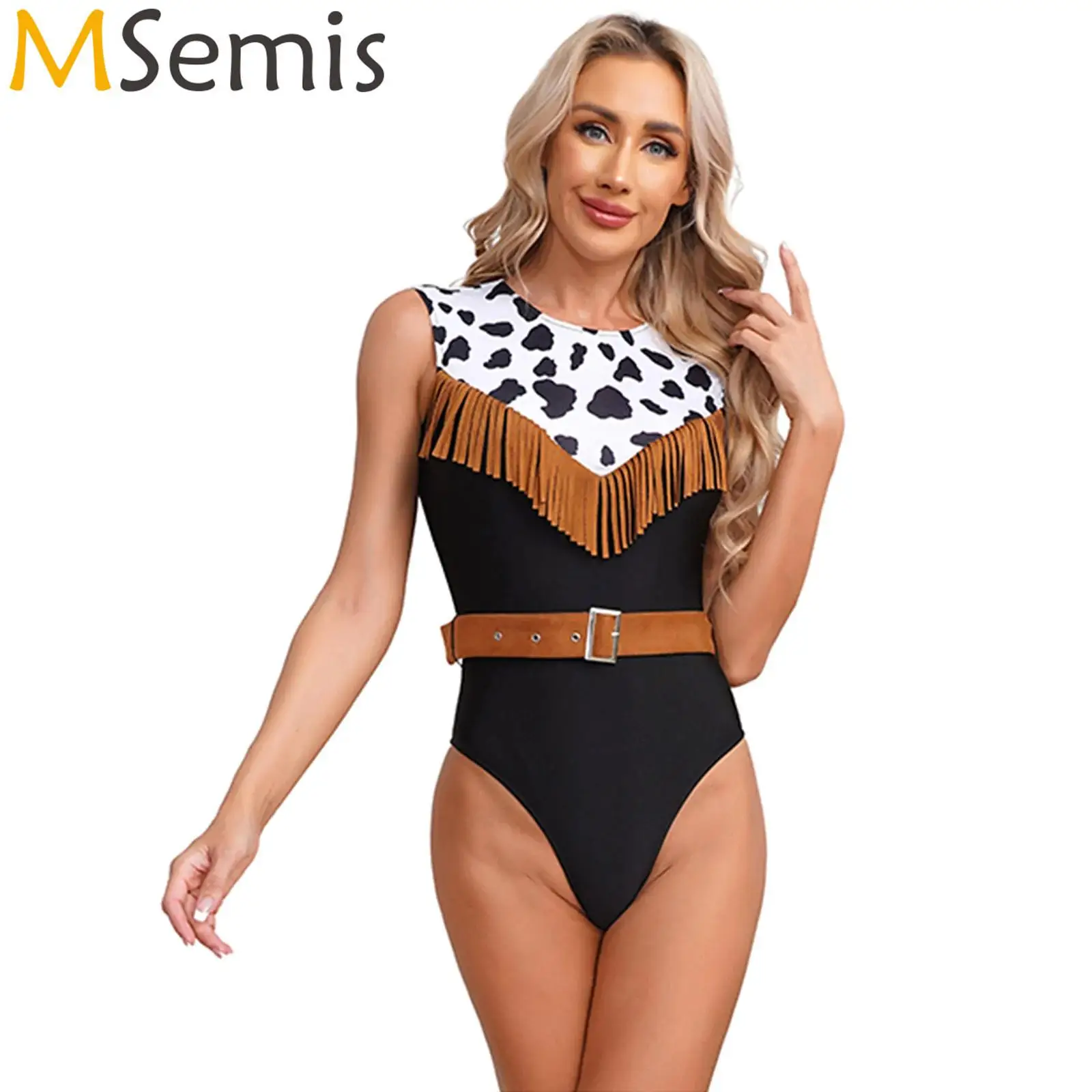 

Womens Prairie Pioneer Cosplay Costume Tassel Print Leotard Bodysuit Halloween West Cowgirl Bodysuit with Suede Waist Belt