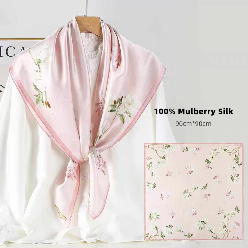 90*90cm Square Silk Scarves Women Hijab Shawls Fashion Print Kerchief FemmeHead Scarf Foulard Bandana Beach Pareo pink