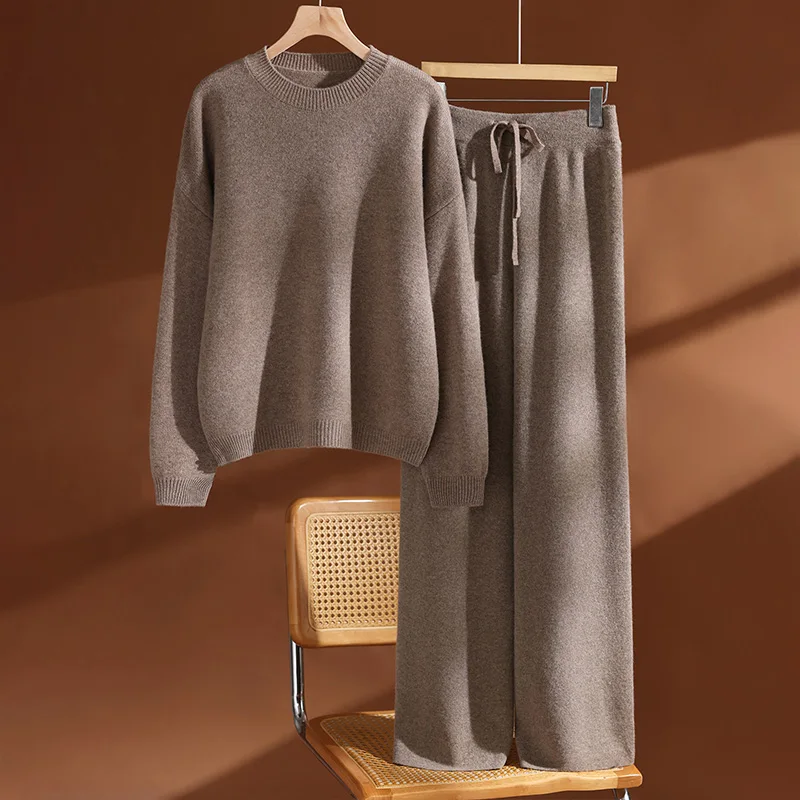 New Women Wool O-neck Pullover Wide Leg Pants Set 100% Wool Sweater Autumn Winter Casual Dropping Sleeve Knit Loose Top Trousers