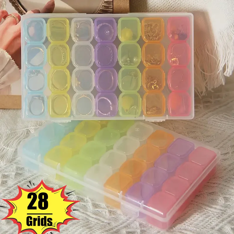 

28Grids 7 Colors Adjustable Jewelry Beads Pills Nail Art Tips Rings Storage Box Case Hard Transparent Plastic Jewelry Tool Box