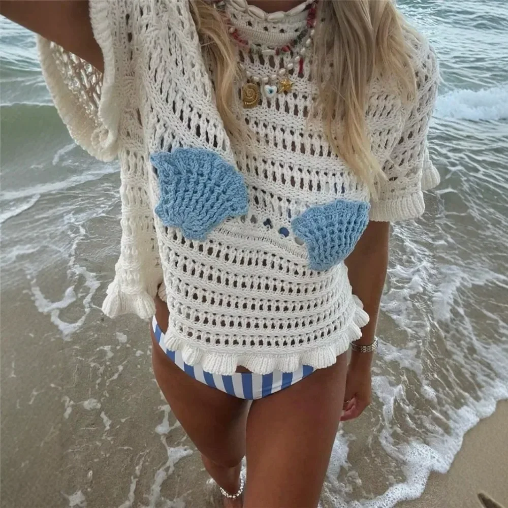 Women Spring Summer Hollow Out Knit Top, Loose Versatile Ruffle Edge Short Sleeve Blouse, Fashion Design Elegant Casual Shirt