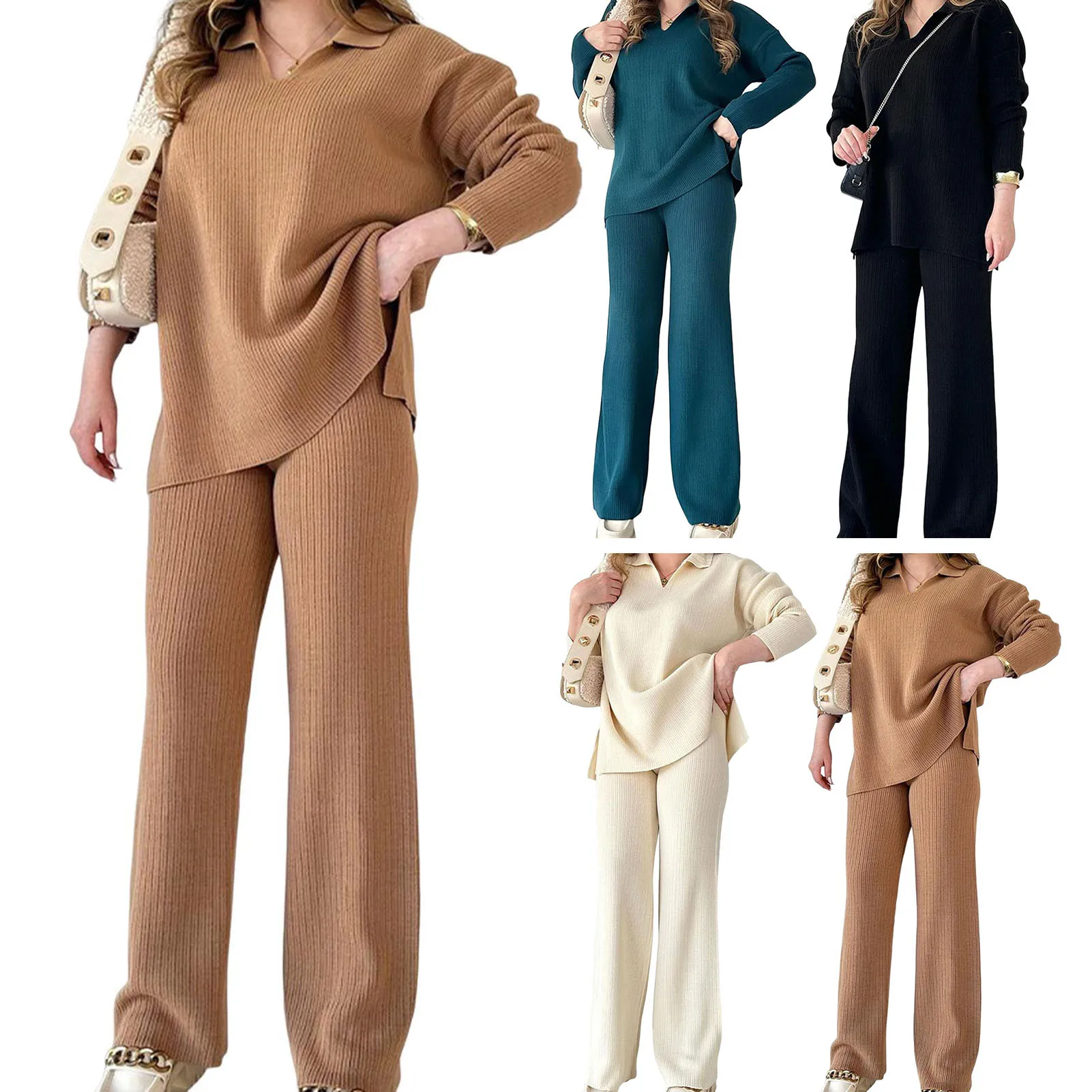 

Autumn Winter Women Knitted Tracksuit Two Piece Set Women Sweater Tops Elastic Waist Pant Knitted Suit Women Two Piece Outfits