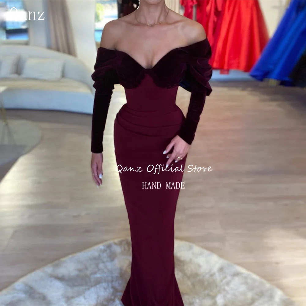 Qanz Sexy Exposed Shoulder Evening Dresses Mermaid Burgundy Long Sleeves Party Dresses Sweetheart Vestidos De Fiesta Customized