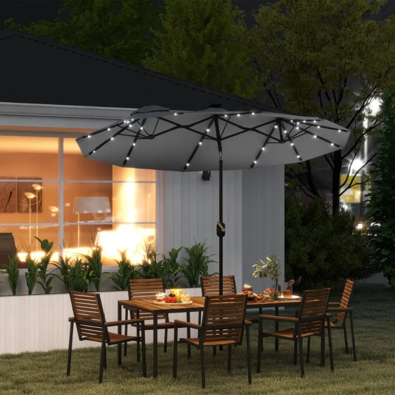 Double Sided Patio Umbrella with Tilt and Crank Light Emitting Diode Solar Light