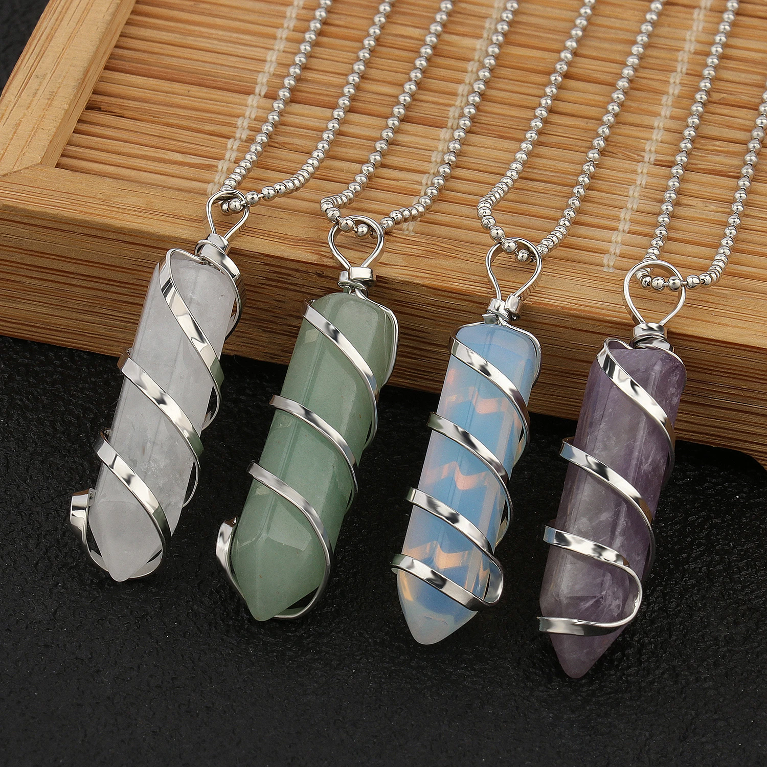 1Pcs Spiral Hexagonal Prism Natural Stone Tiger Eye Agate Opal Pendant With Chain Display Box For Women Men Jewelry Accessories